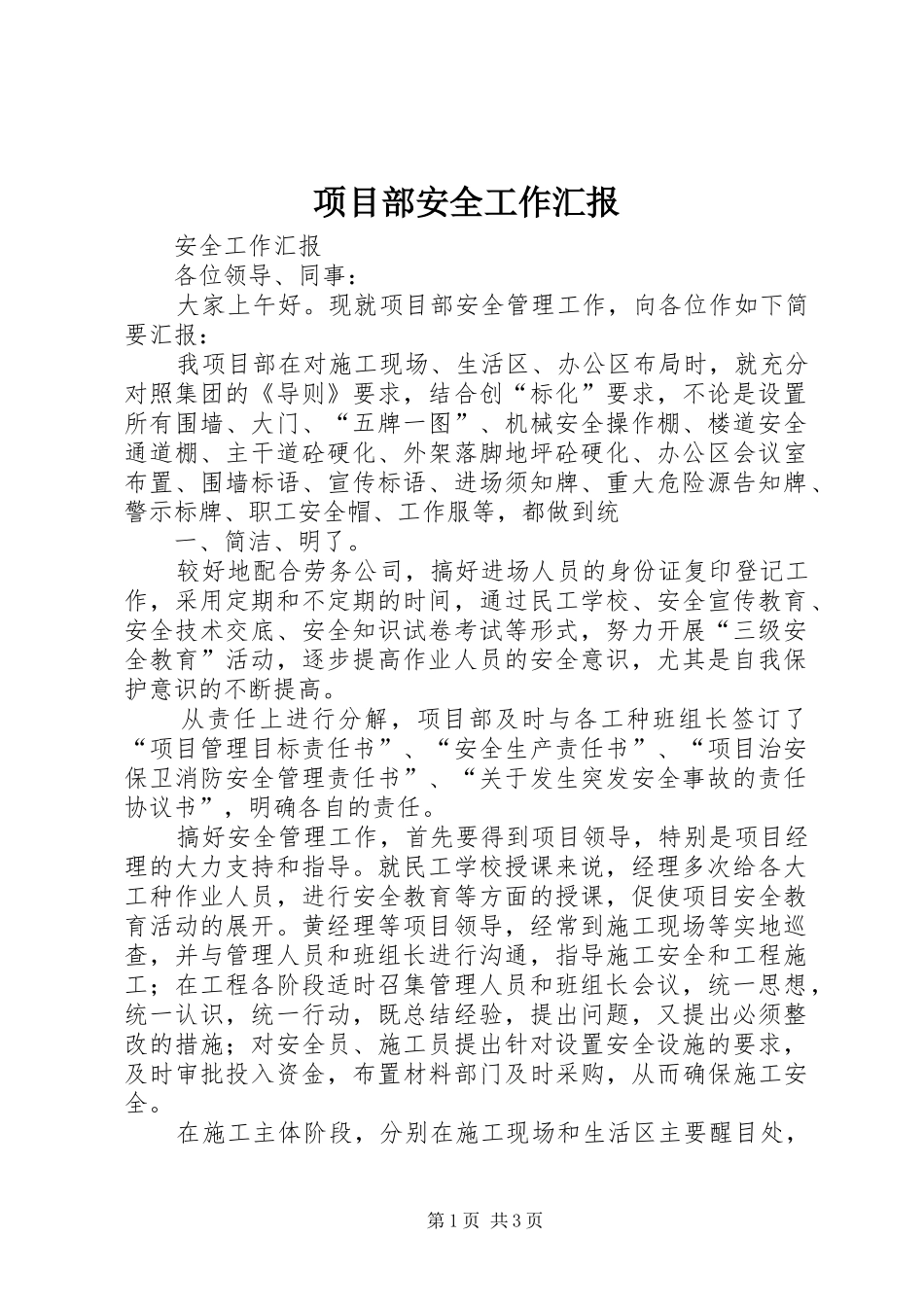 2024年项目部安全工作汇报_第1页