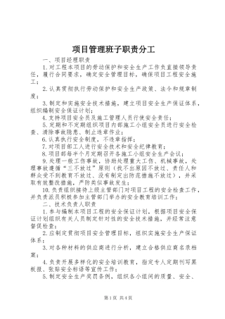 2024年项目管理班子职责分工