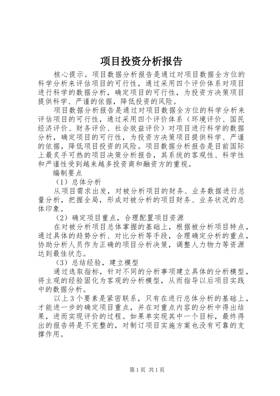 2024年项目投资分析报告_第1页