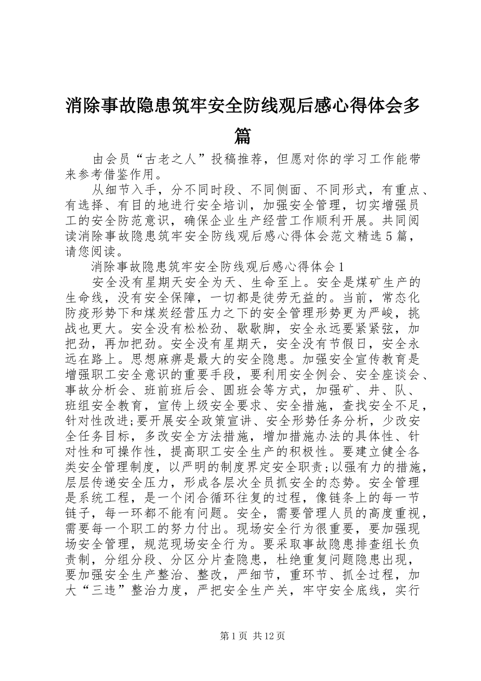 2024年消除事故隐患筑牢安全防线观后感心得体会多篇_第1页