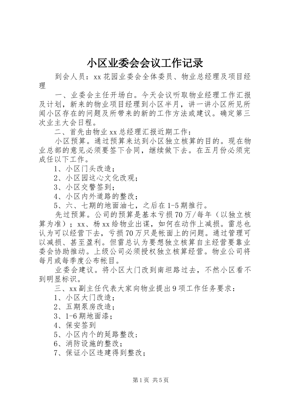 2024年小区业委会会议工作记录_第1页