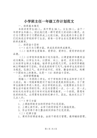 2024年小学班主任一年级工作计划范文