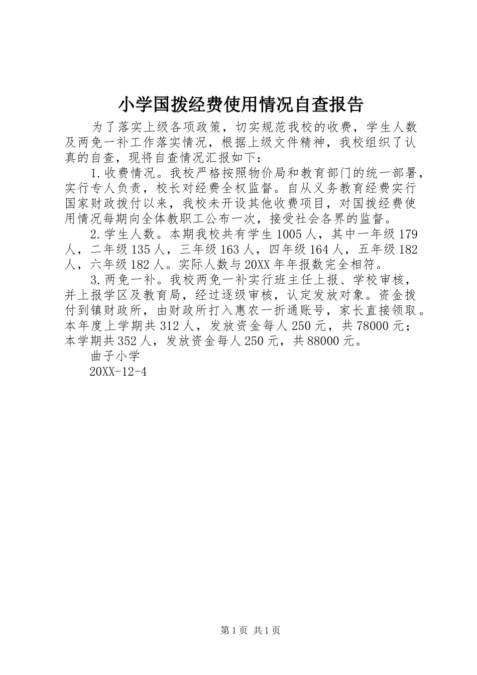 2024年小学国拨经费使用情况自查报告_第1页