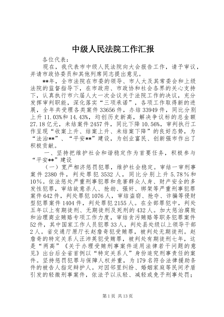 2024年中级人民法院工作汇报_第1页