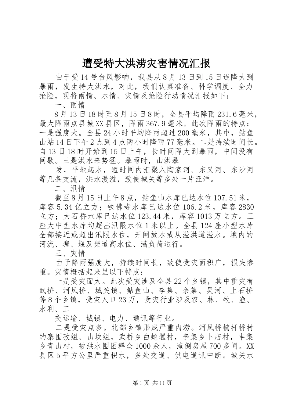 2024年遭受特大洪涝灾害情况汇报_第1页