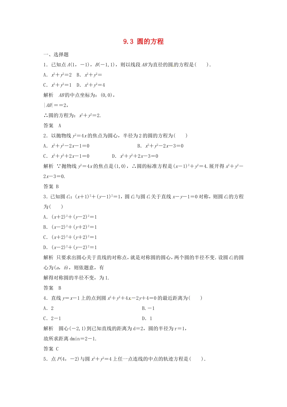 （特效提高）高考数学一轮精品复习 9.3 圆的方程题库 理_第1页
