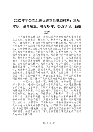 2024年非公党组织优秀党员事迹材料立足本职，爱岗敬业，格尽职守，努力学习，勤奋工作