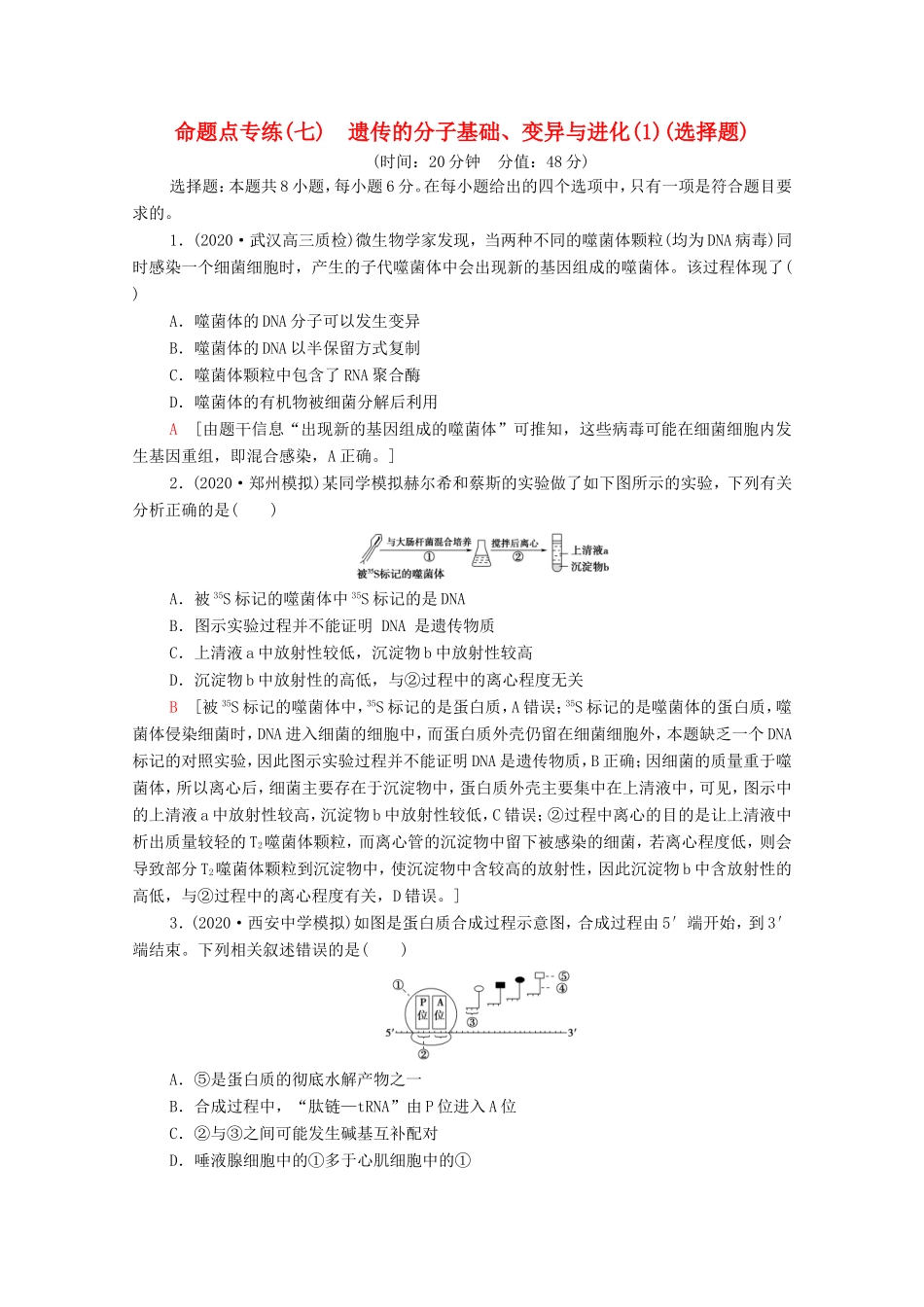 （统考版）高考生物二轮复习 命题点专练（七）遗传的分子基础、变异与进化（1）（选择题）（含解析）-人教版高三全册生物试题_第1页