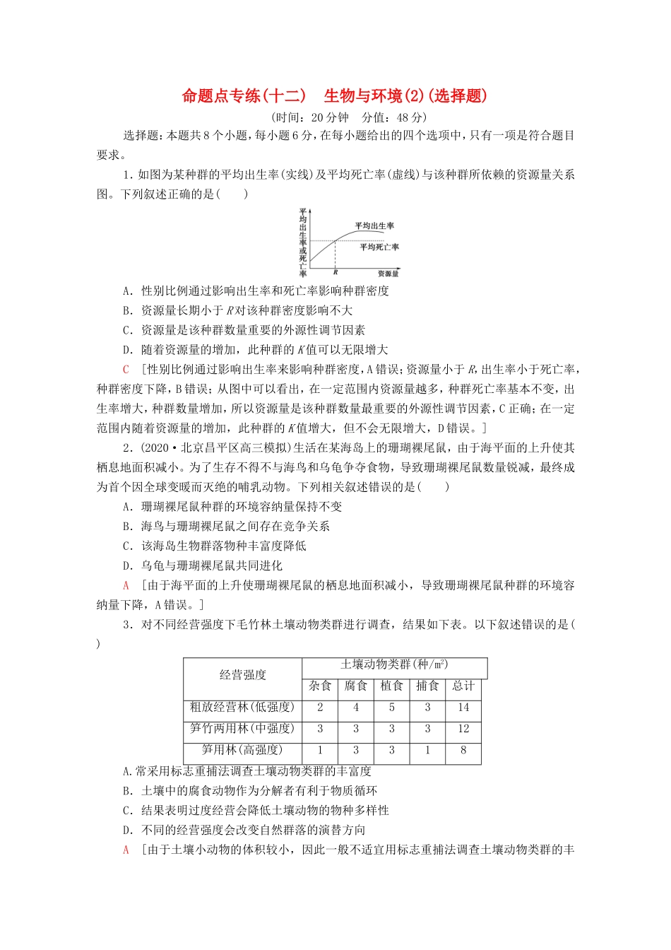 （统考版）高考生物二轮复习 命题点专练（十二）生物与环境（2）（选择题）（含解析）-人教版高三全册生物试题_第1页