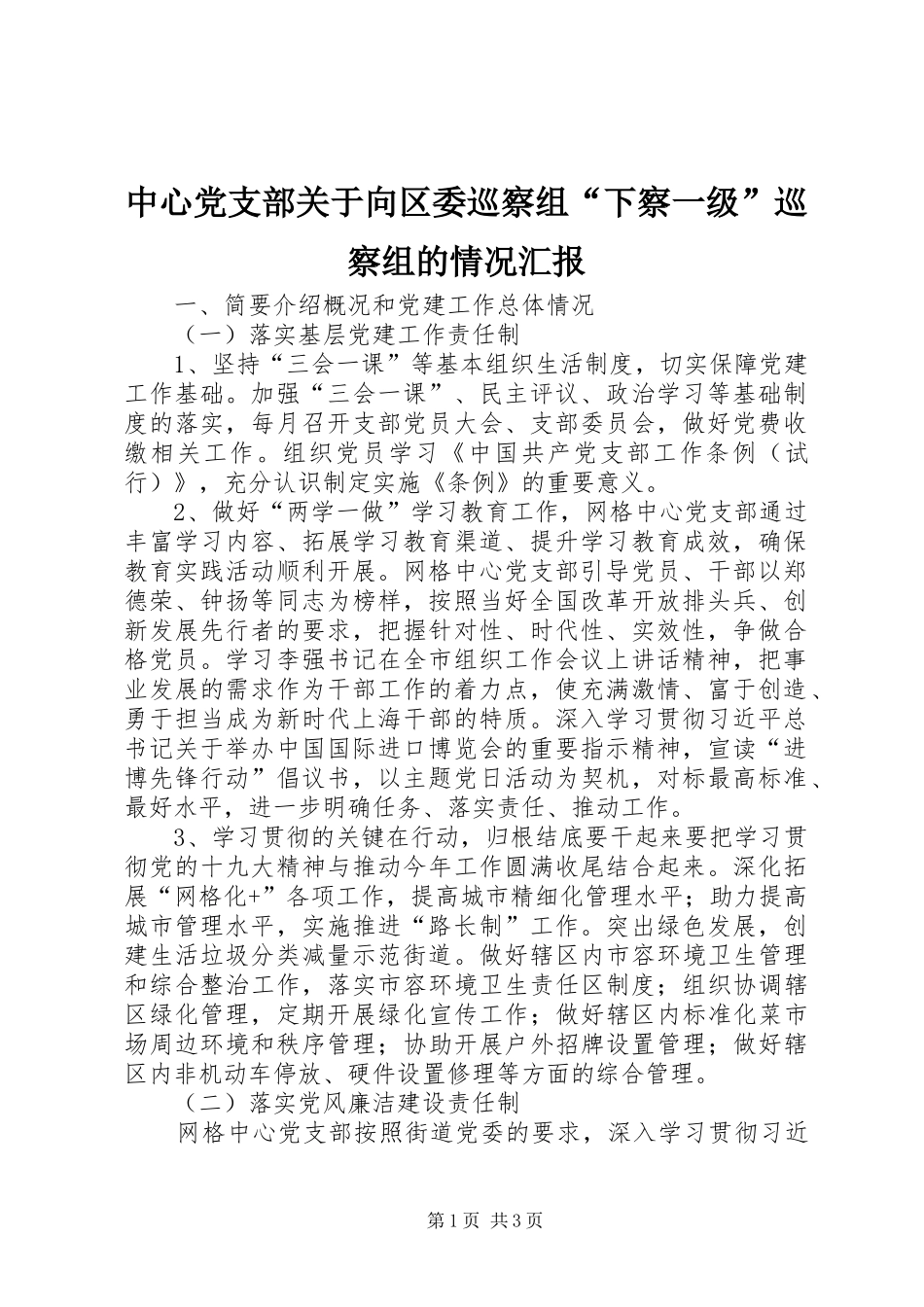 2024年中心党支部关于向区委巡察组下察一级巡察组的情况汇报_第1页
