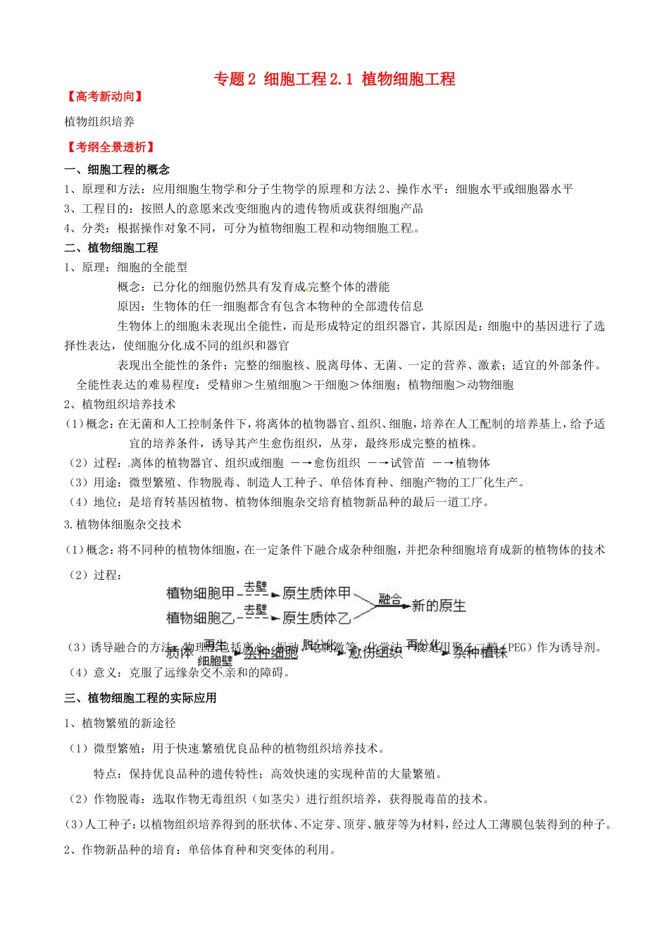 （考纲全景透析）高考生物 2.1 植物细胞工程基础复习 新人教版选修3_第1页