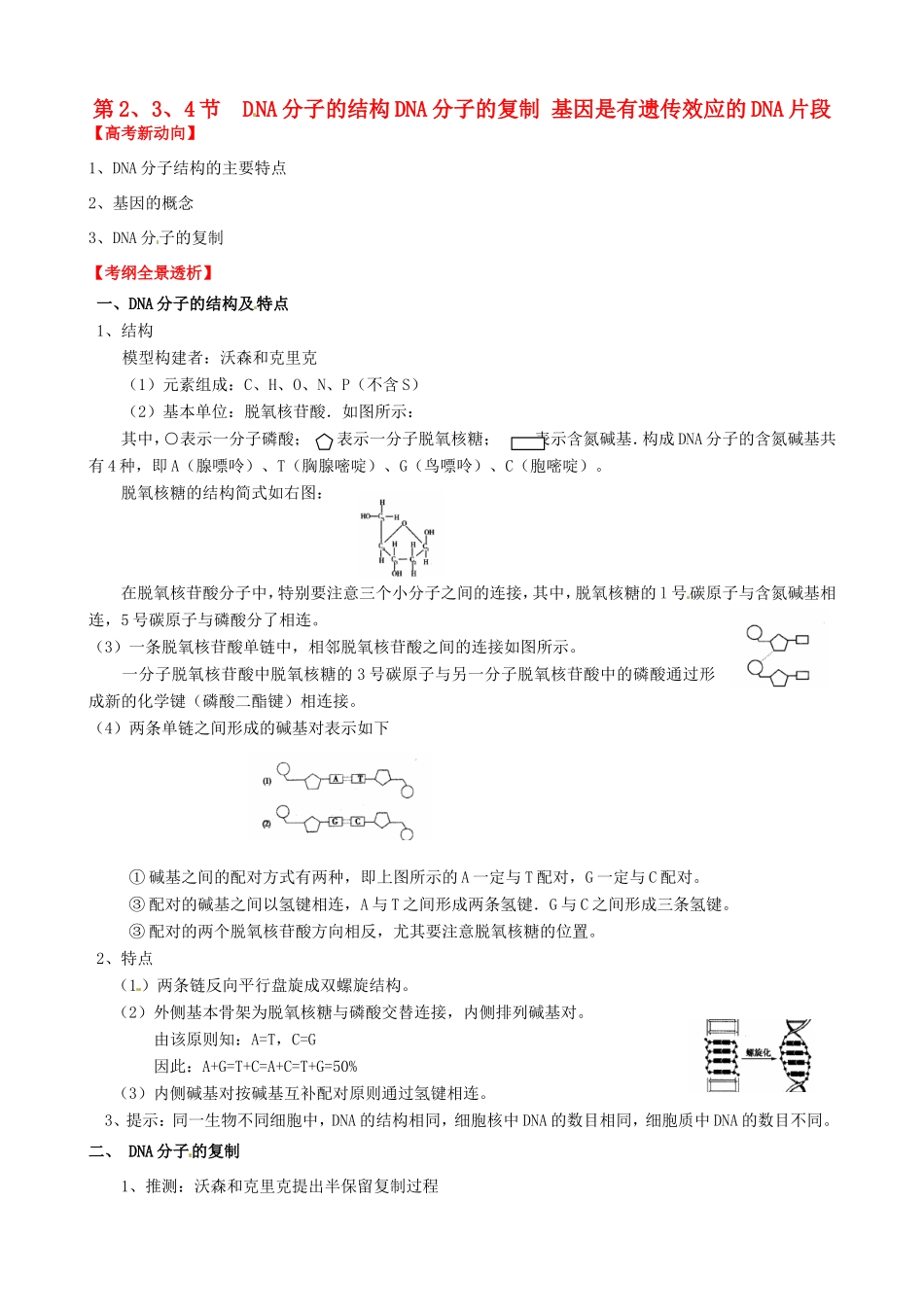 （考纲全景透析）高考生物 3.2 DNA分子的结构、DNA分子的复制和基因是有遗传效应的DNA片段基础复习 新人教版必修2_第1页