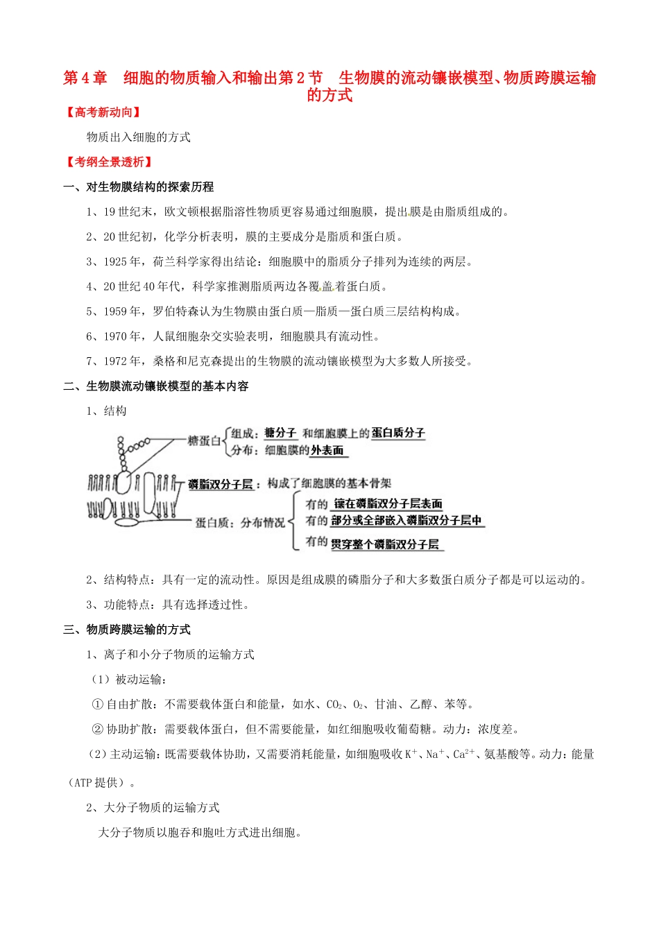 （考纲全景透析）高考生物 4.2 生物膜的流动镶嵌模型、物质跨膜运输的方式基础复习 新人教版必修1_第1页