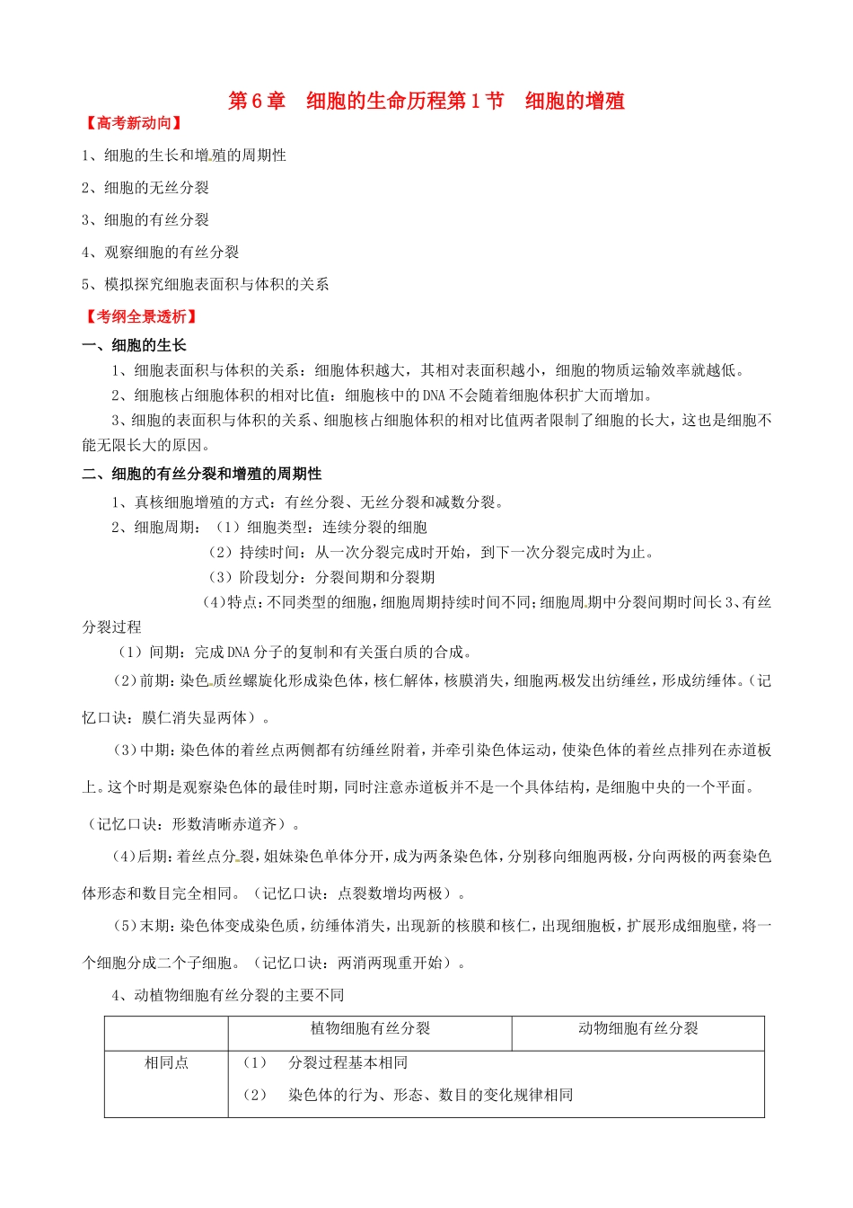 （考纲全景透析）高考生物 6.1 细胞的增殖基础复习 新人教版必修1_第1页