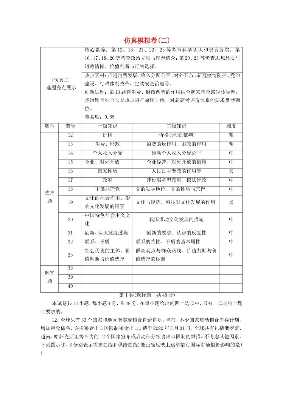 （统考版）高考政治二轮复习 仿真模拟卷2（含解析）-人教版高三全册政治试题_第1页