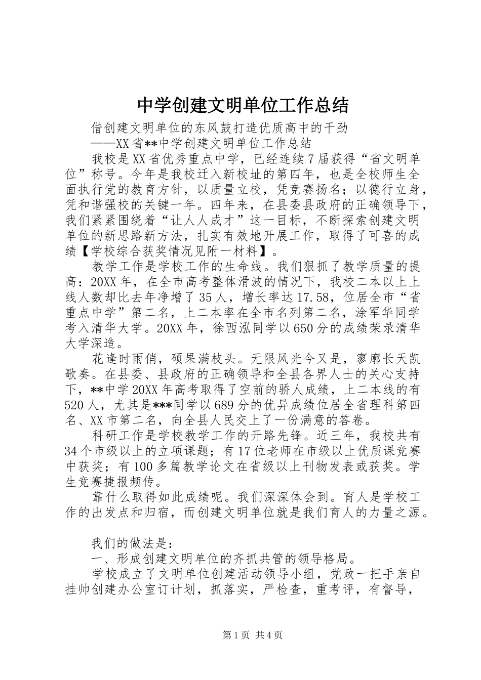 2024年中学创建文明单位工作总结_第1页