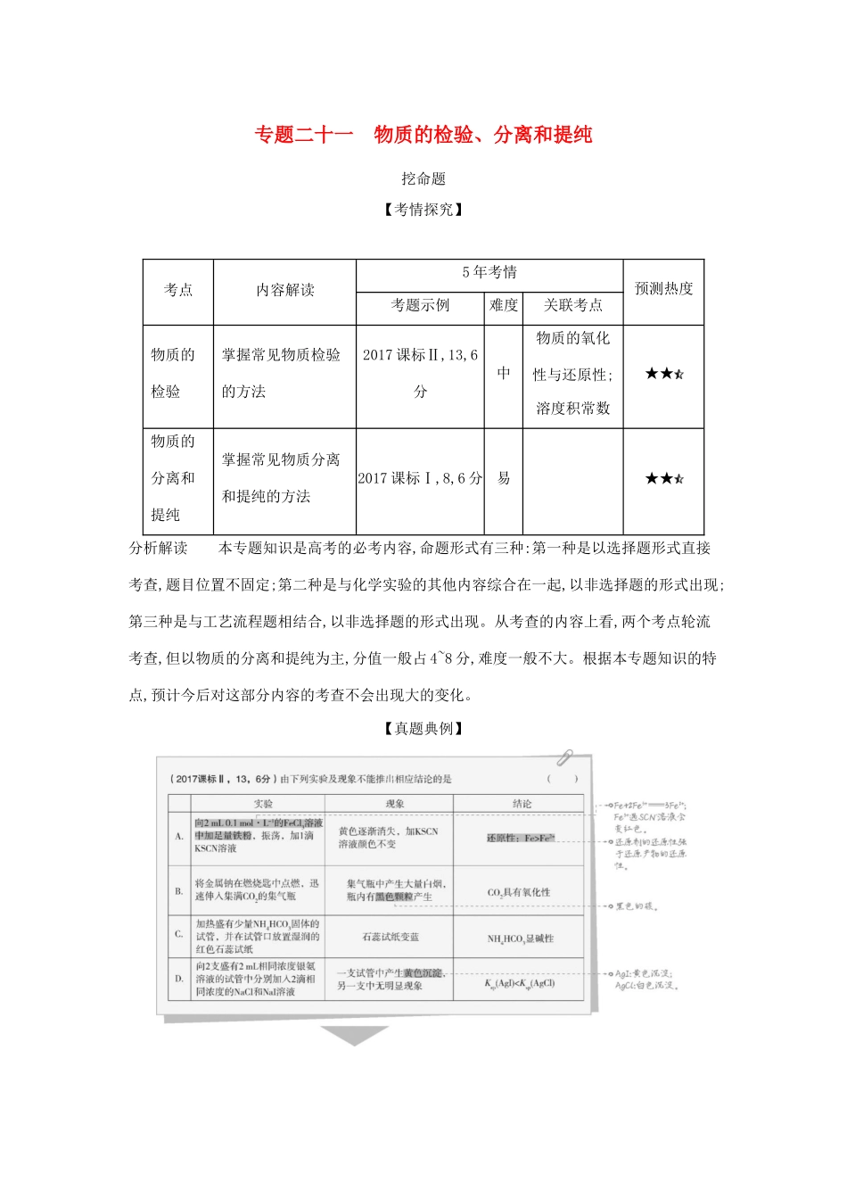 （课标专用 A版）高考化学 专题二十一 物质的检验、分离和提纯试题-人教版高三化学试题_第1页