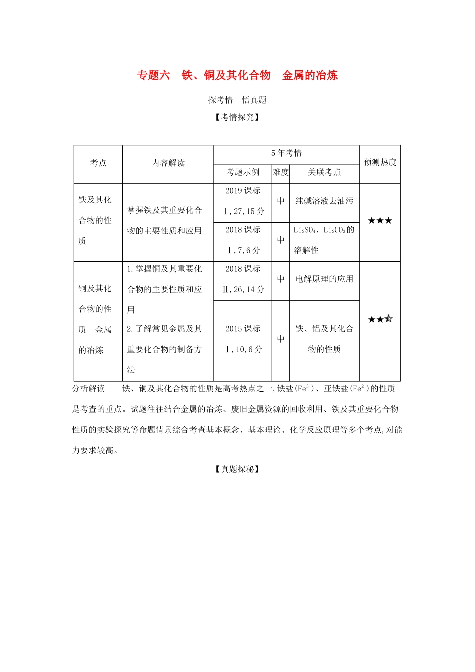 （课标专用 A版）高考化学 专题六 铁、铜及其化合物 金属的冶炼试题-人教版高三化学试题_第1页