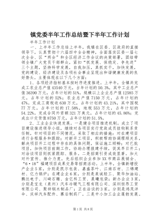 2024年镇党委半年工作总结暨下半年工作计划