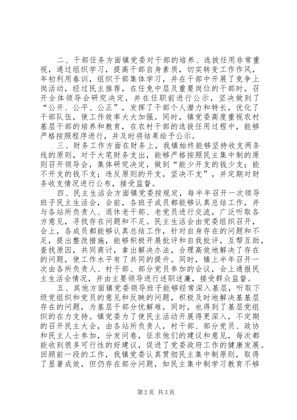 2024年镇党委民主集中制执行情况自查报告_第2页