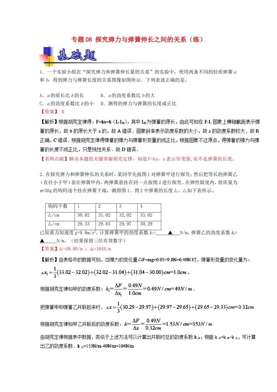 （讲练测）高考物理一轮复习 专题08 探究弹力与弹簧伸长之间的关系（练）（ 含解析）-人教版高三全册物理试题_第1页