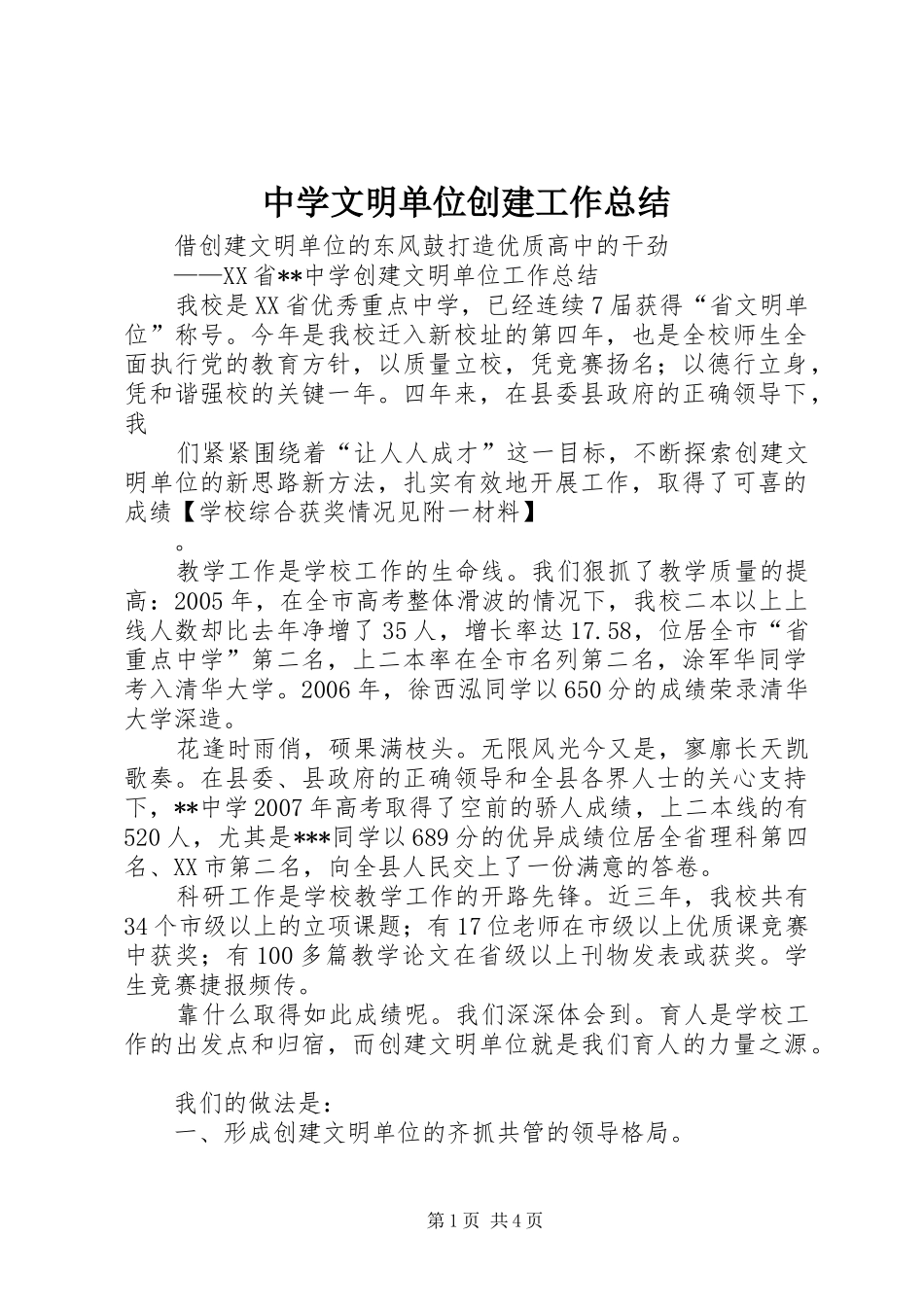 2024年中学文明单位创建工作总结_第1页