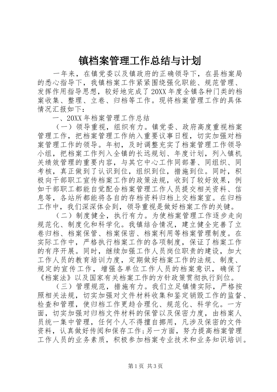 2024年镇档案管理工作总结与计划_第1页