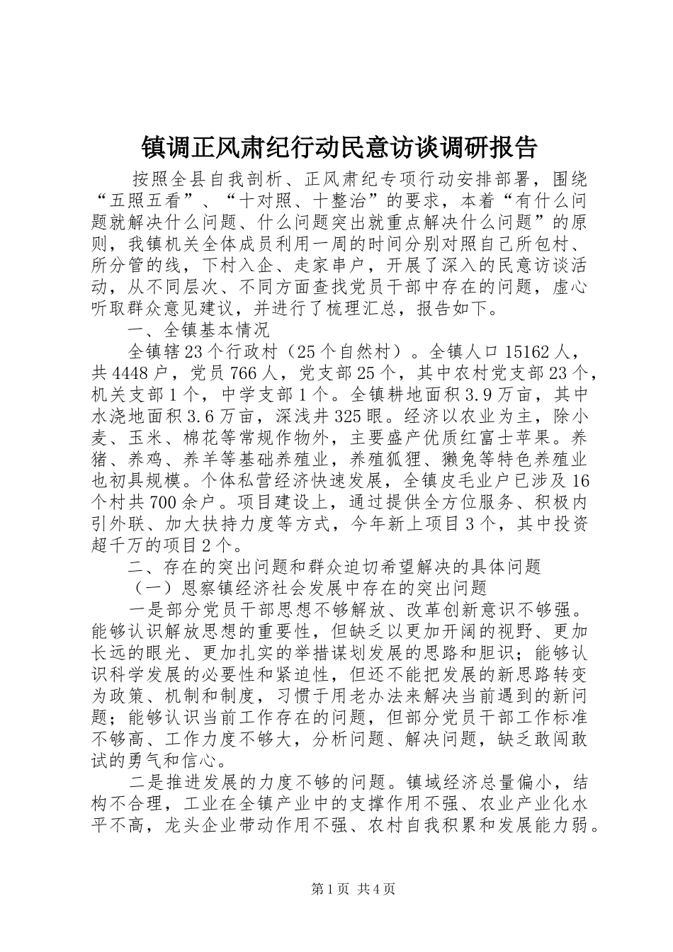 2024年镇调正风肃纪行动民意访谈调研报告_第1页