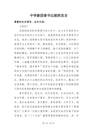 2024年中学新团委书记就职讲话