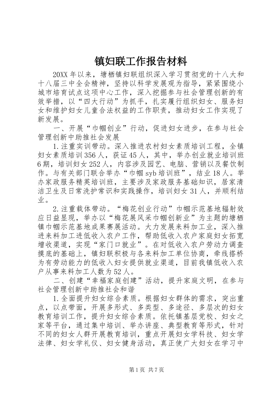 2024年镇妇联工作报告材料_第1页