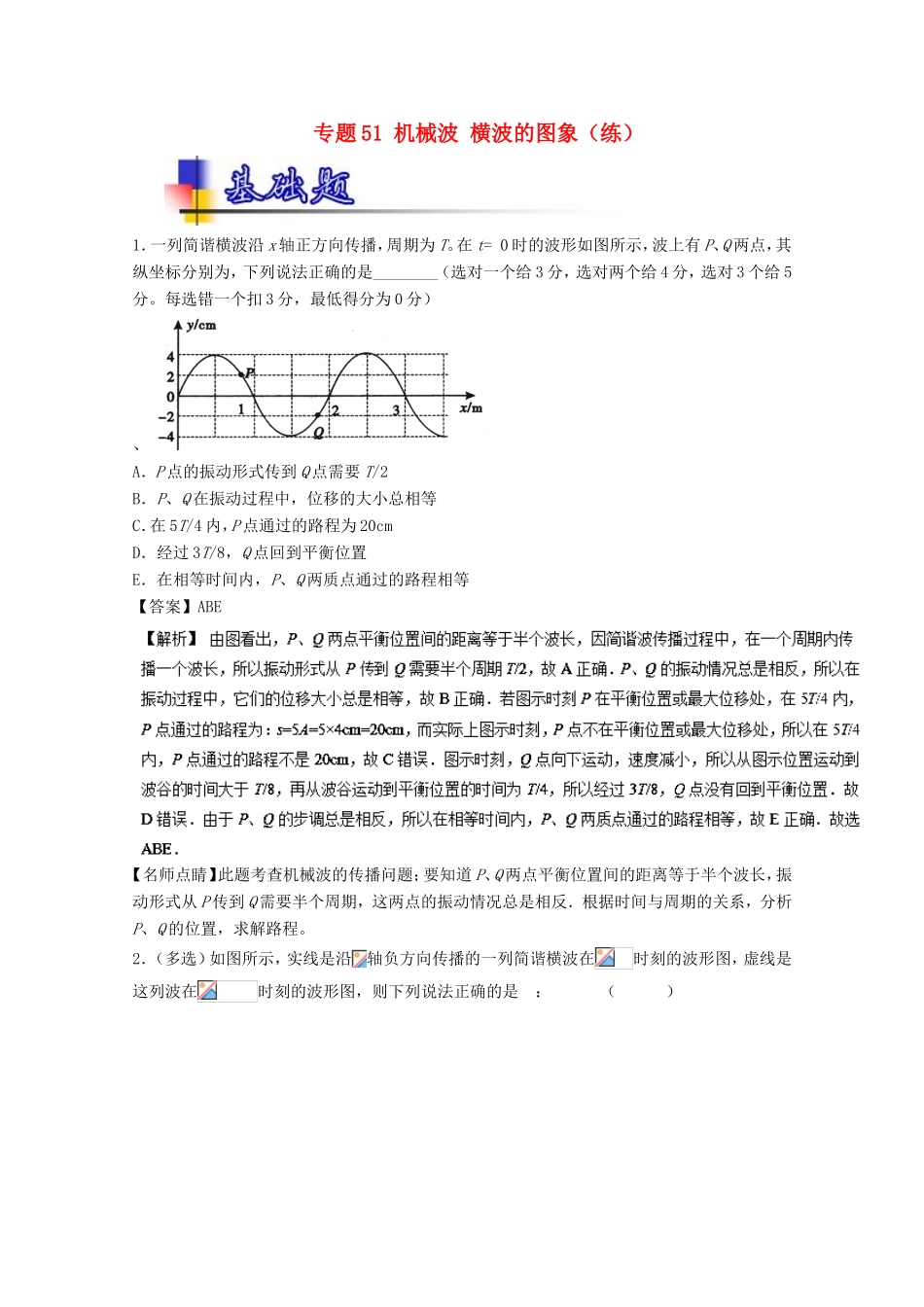 （讲练测）高考物理一轮复习 专题51 机械波 横波的图象（练）（含解析）-人教版高三全册物理试题_第1页