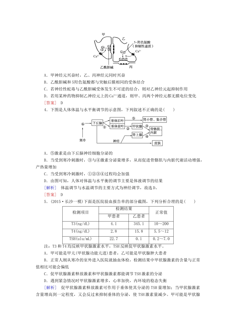 （课标版）高考生物一轮总复习 课时跟踪训练28 第八单元 稳态与调节 第4讲 神经调节与体液调节之间的关系（必修3）-人教版高三必修3生物试题_第2页