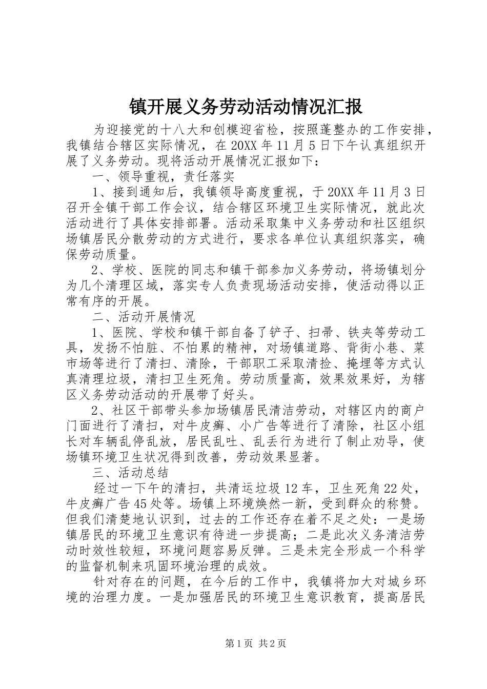 2024年镇开展义务劳动活动情况汇报_第1页