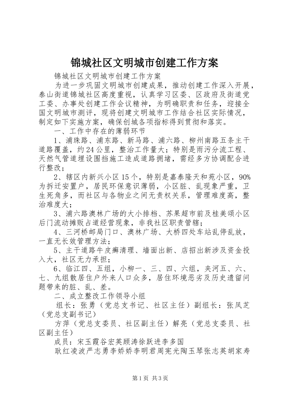 2024年锦城社区文明城市创建工作方案_第1页