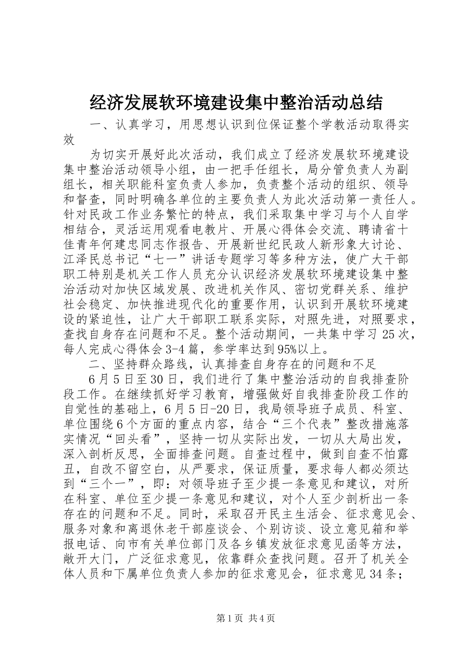 2024年经济发展软环境建设集中整治活动总结_第1页