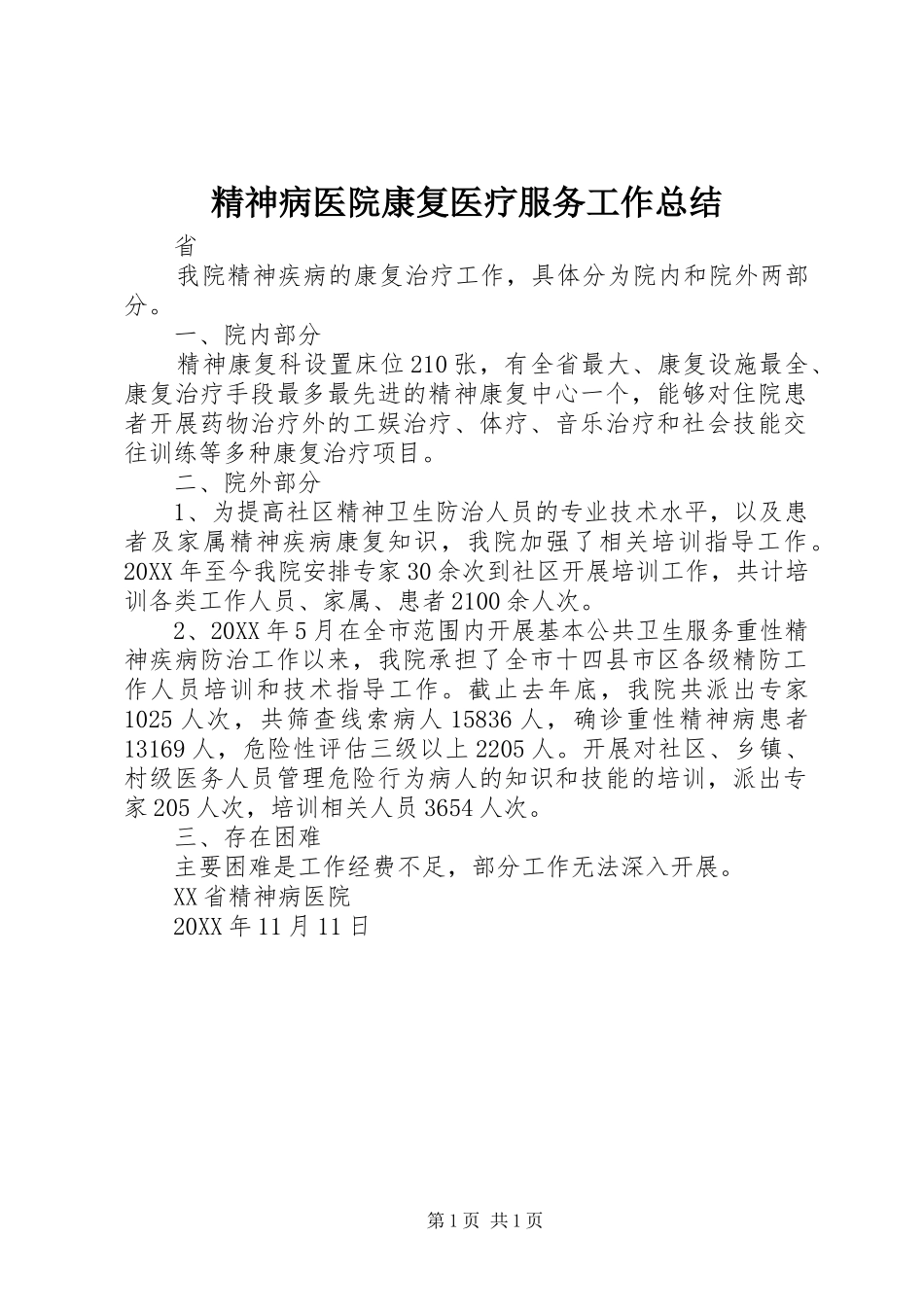 2024年精神病医院康复医疗服务工作总结_第1页