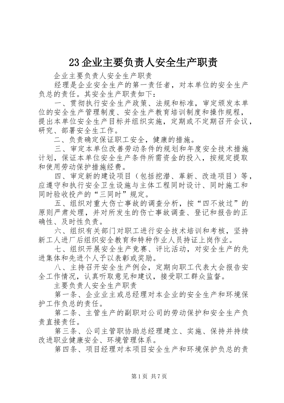 2024年企业主要负责人安全生产职责_第1页