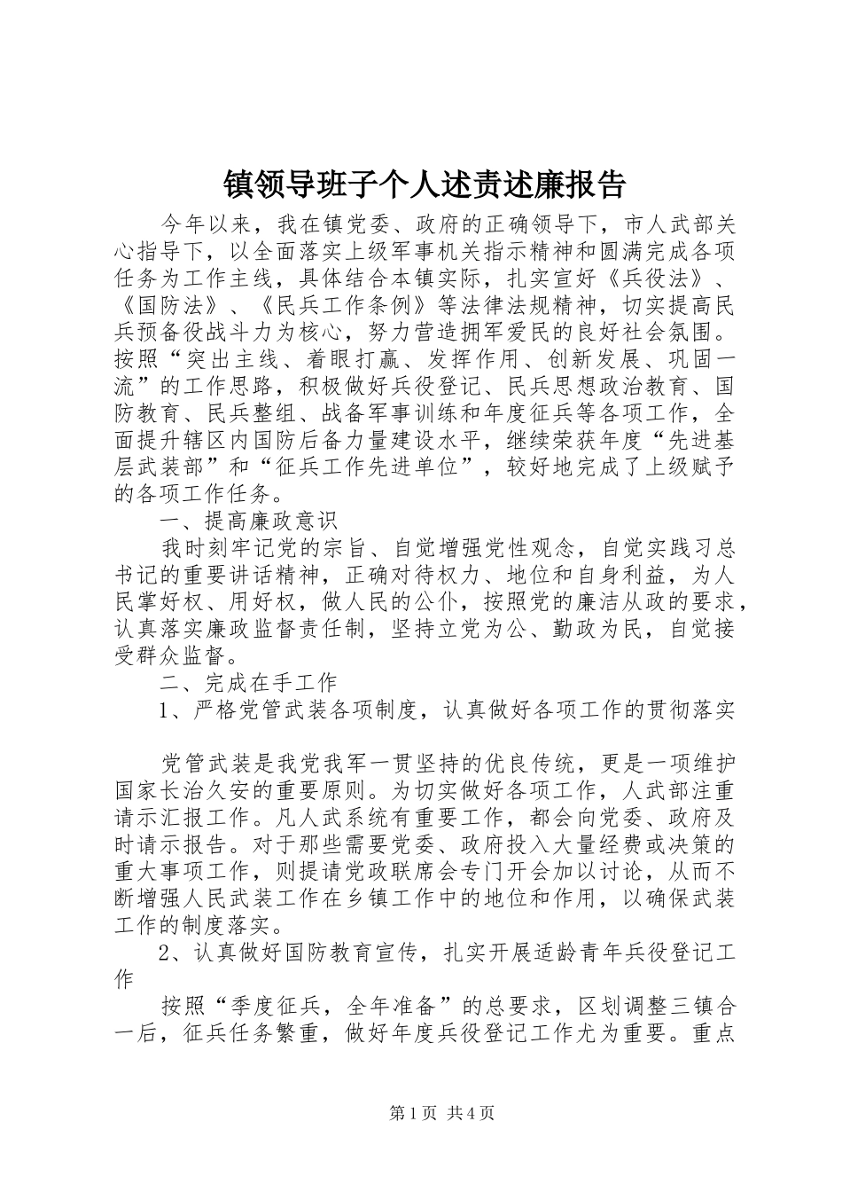 2024年镇领导班子个人述责述廉报告_第1页