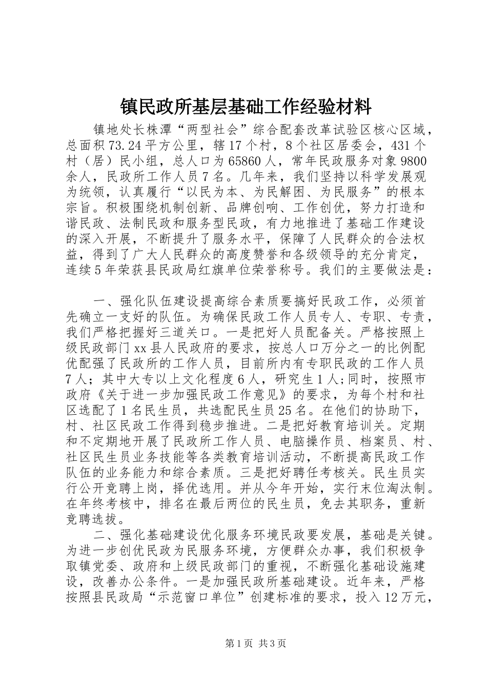 2024年镇民政所基层基础工作经验材料_第1页