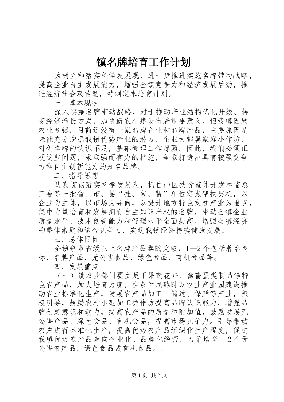 2024年镇名牌培育工作计划_第1页