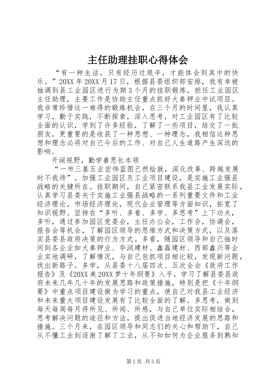 2024年主任助理挂职心得体会_第1页