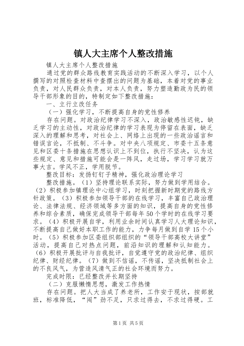 2024年镇人大主席个人整改措施_第1页