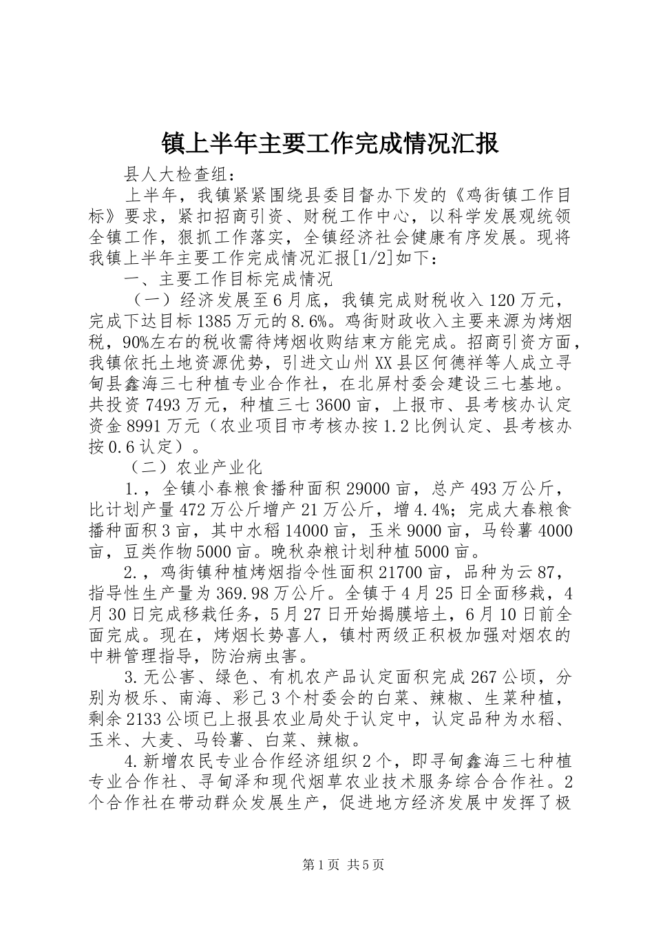 2024年镇上半年主要工作完成情况汇报_第1页