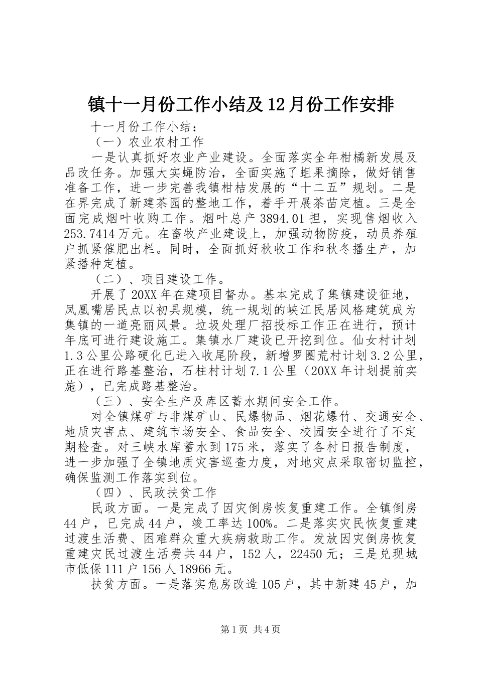 2024年镇十一月份工作小结及月份工作安排_第1页