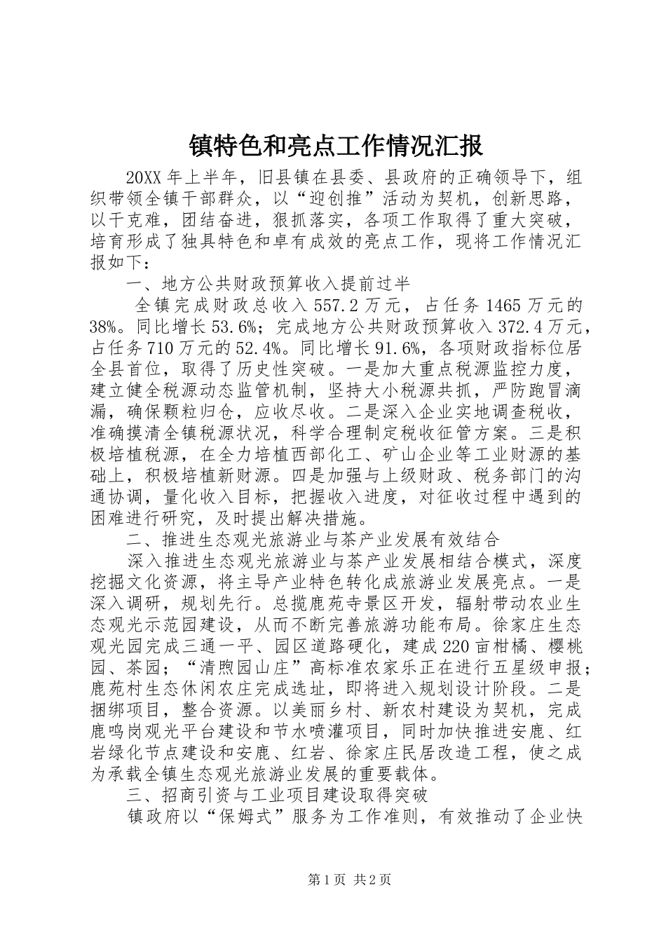 2024年镇特色和亮点工作情况汇报_第1页