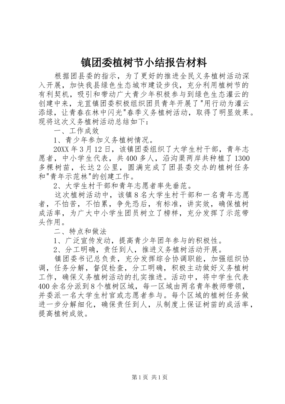 2024年镇团委植树节小结报告材料_第1页