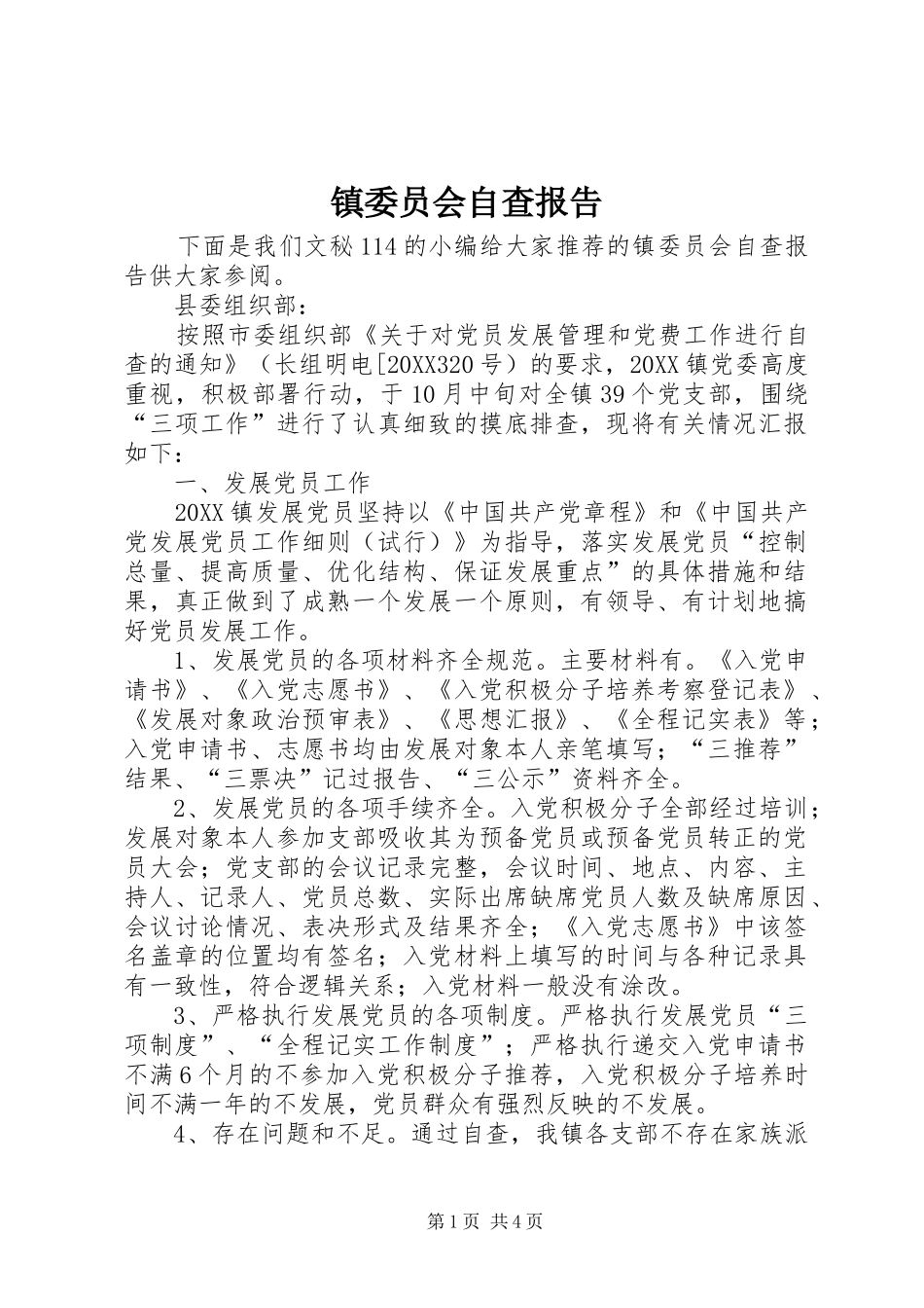 2024年镇委员会自查报告_第1页