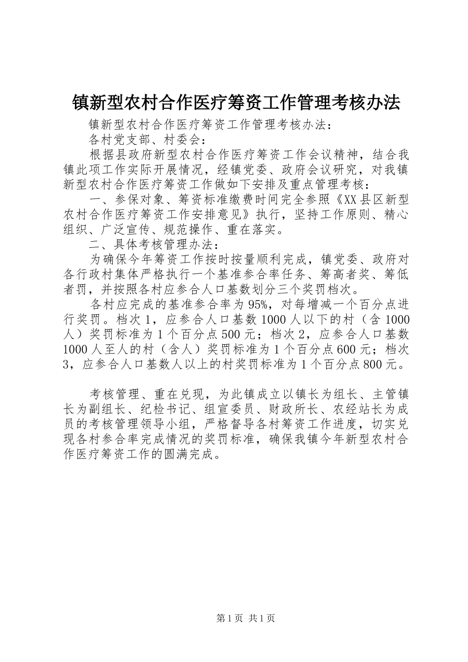 2024年镇新型农村合作医疗筹资工作管理考核办法_第1页