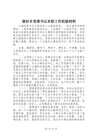 2024年做好乡党委书记本职工作经验材料