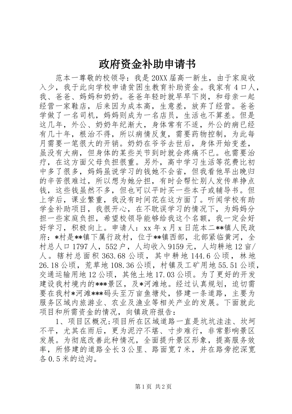 2024年政府资金补助申请书_第1页